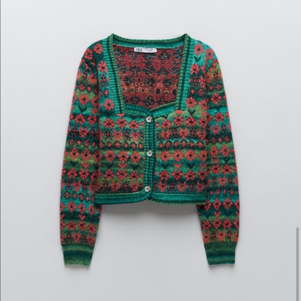 Zara cropped knit jacquard sweater jacket